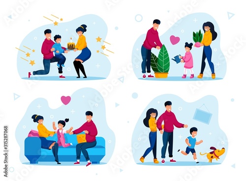 Family Happy Characters Active Life Scenes and Situations Trendy Flat Vector Set. Parents Greeting Kid with Birthday, Relaxing Together at Home, Playing and Walking with Dog Isolated Illustrations