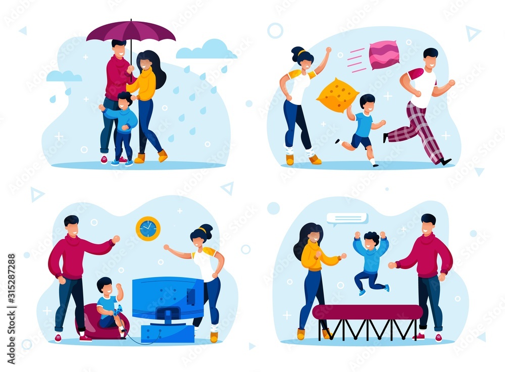 Fototapeta premium Happy Family Relationships, Children Discipline and Education, Healthy Lifestyle, Outdoor Activity Trendy Flat Vector Concepts Set Isolated on White Background. Parents Playing with Kids Illustrations