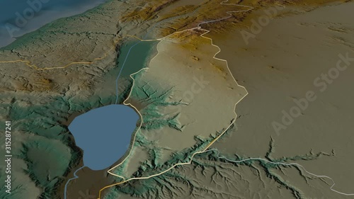 Golan, district with its capital, zoomed and extruded on the relief map of Israel in the conformal Stereographic projection. Animation 3D