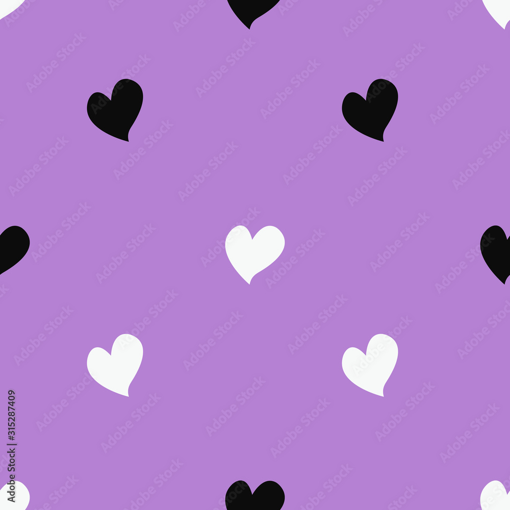 Seamless pattern with black and white hearts on a purple background. Vector illustration.
