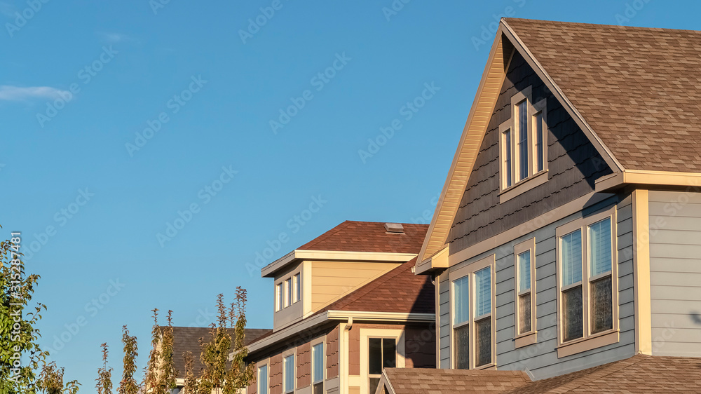Panorama frame Looking up at upper floors of residential homes Panorama frame Looking up at upper floors of residential homes