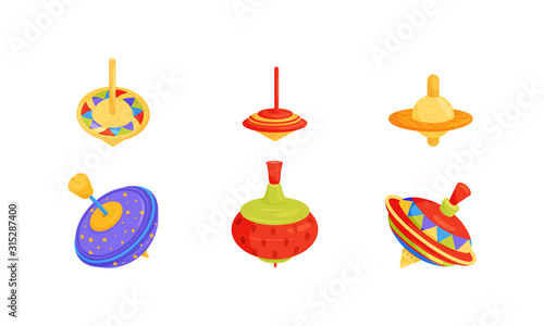 Whirligig Toy Vector Set. Colorful Childish Pegtop Collection