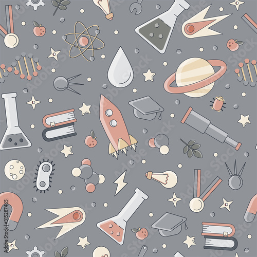 Science flat seamless pattern with scientific elements - molecule, atom structure, rocket, books, water and other on one simple educational and school seamless pattern.