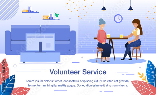 Volunteer, Social Worker Service, Help for Aged Person Trendy Flat Vector Banner, Poster Template. Female Volunteer, Young Lady, Spending Time, Talking with Senior Woman at Home Kitchen Illustration