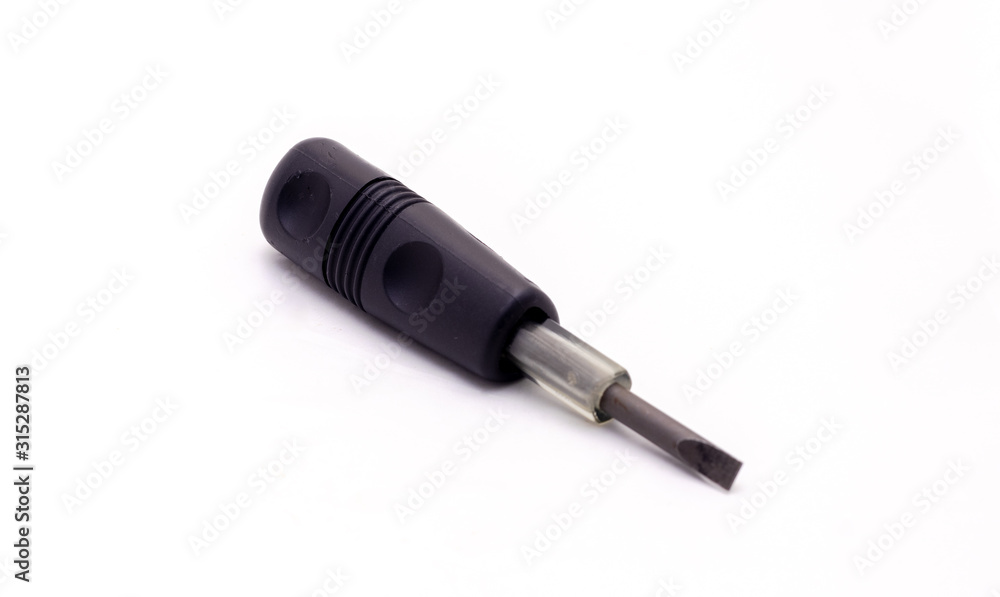 Screwdriver with black plastic handle isolated on white background Screwdriver with black plastic handle isolated on white background
