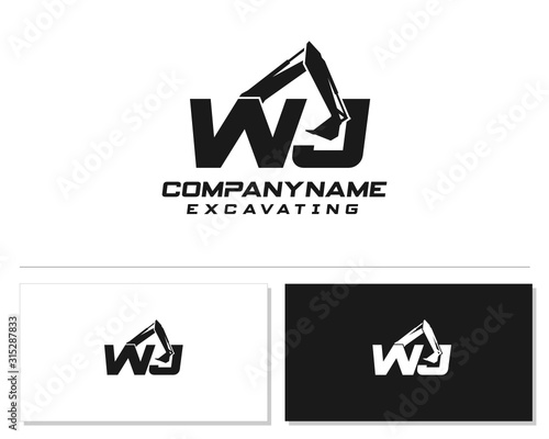 Initial W J WJ excavator logo concept vector with arm excavator template vector.
