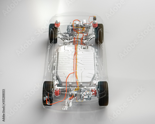 Modern electric car chassis x-ray vehicle battery in studio environment line art 3d illustration