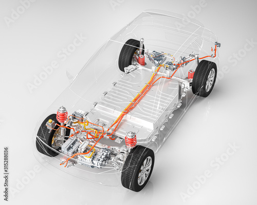 Modern electric car chassis x-ray vehicle battery in studio environment line art 3d illustration