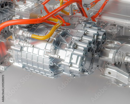 electric motor in a car close up of modern vehicle chassis x-ray  in studio environment line art 3d render