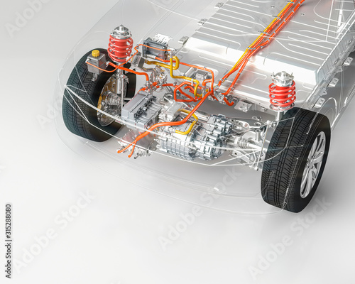 Modern electric car chassis front axle x-ray vehicle electric motor in studio environment line art 3d render