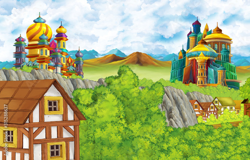 cartoon scene with kingdom castle and mountains valley and bear standing illustration for children