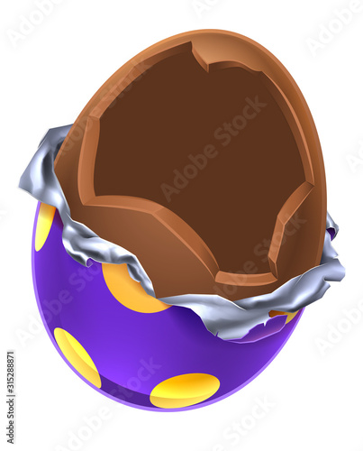 An illustration of a cartoon broken open chocolate Easter egg
