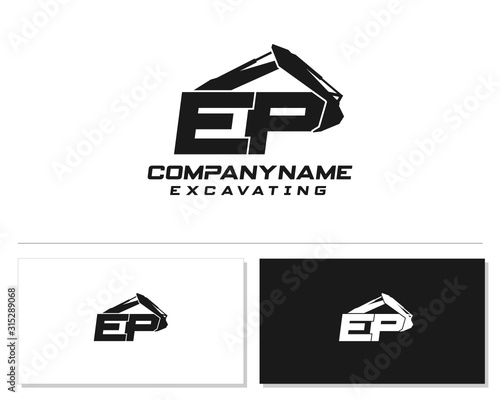 Initial E P EP excavator logo concept vector with arm excavator template vector.