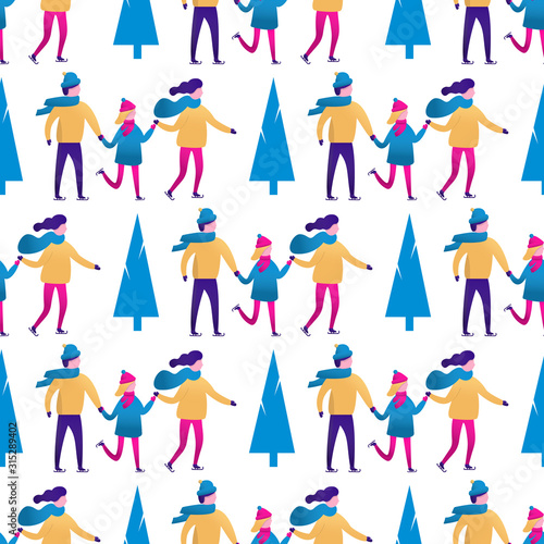 Seamless pattern with Winter landscape and small people, men and women, children and couple. Vector scene with skiing, skating. Flat characters do sports. Christmas design for greeting card, textile