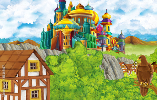 cartoon scene with kingdom castle and mountains valley and bear standing and eagle sitting illustration for children