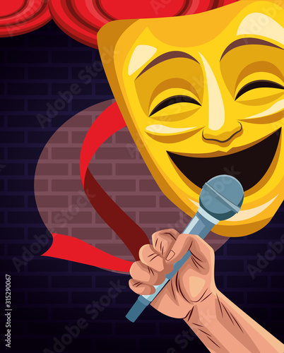 hand with microphone and comedy theater mask stand up comedy show