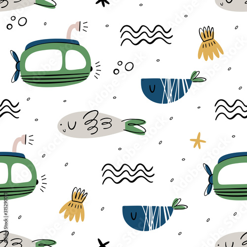 Vector seamless pattern for children's design. Scandinavian, Doodle style. Submarine, ocean, animals and plants.