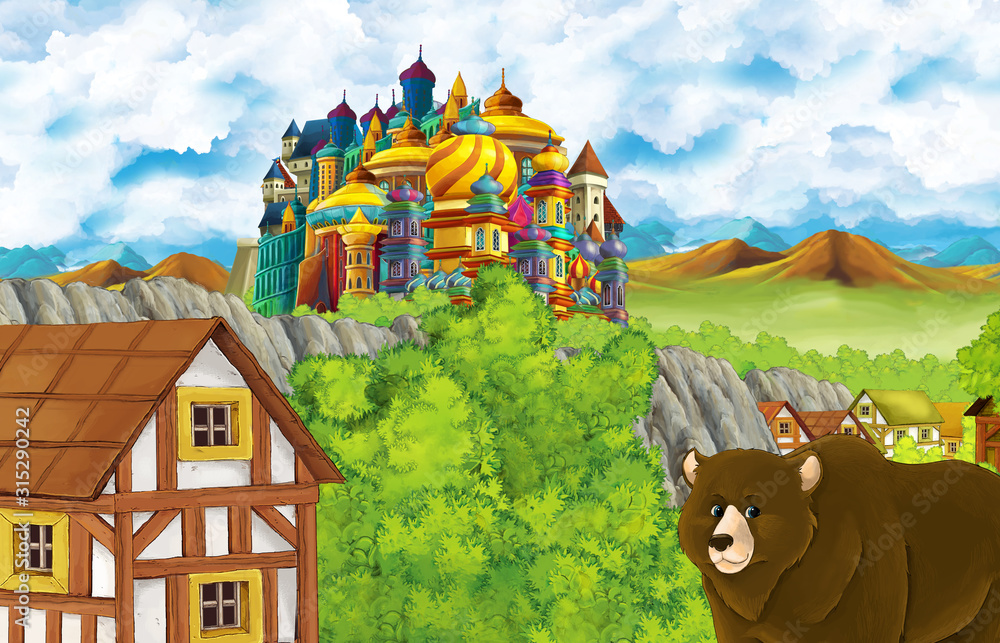 cartoon scene with kingdom castle and mountains valley and bear standing and eagle sitting illustration for children