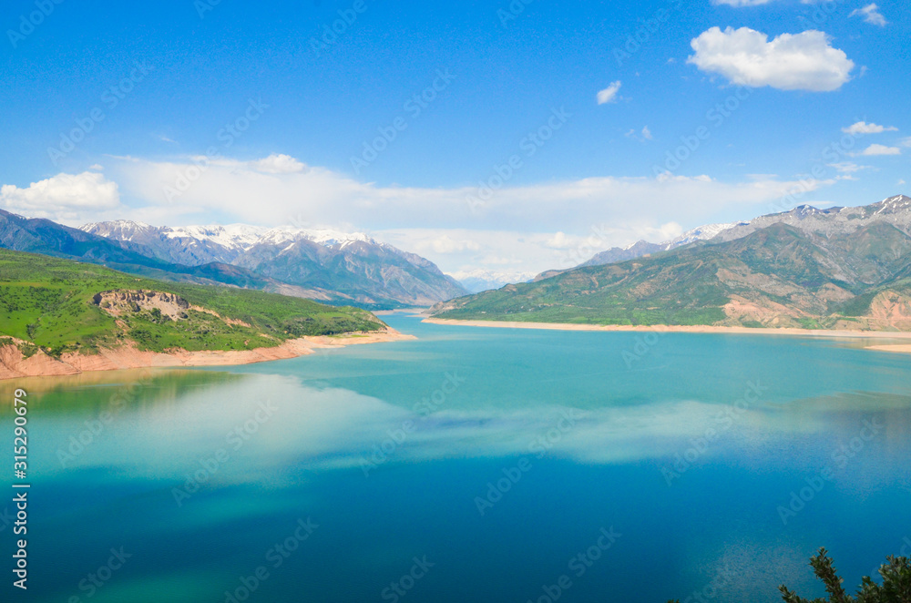 Chimgan mountains, top view of Charvak reservoir, natural beauty