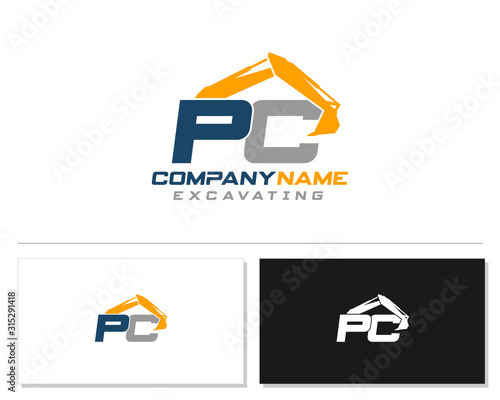 Initial P C PC excavator logo concept vector with arm excavator template vector.