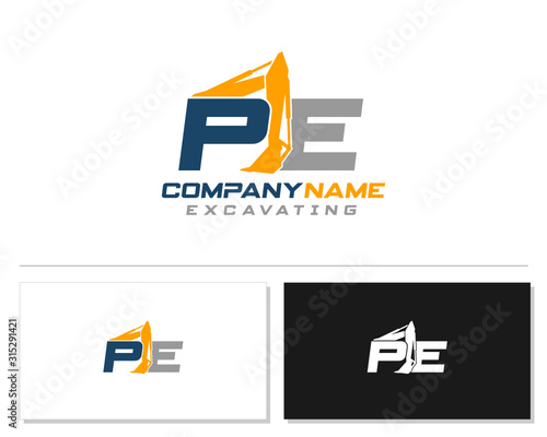 Initial P E PE excavator logo concept vector with arm excavator template vector.