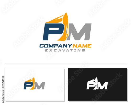 Initial P M PM excavator logo concept vector with arm excavator template vector.