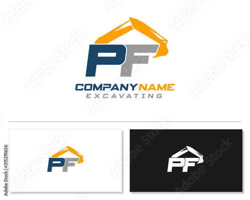 Initial P F PF excavator logo concept vector with arm excavator template vector.
