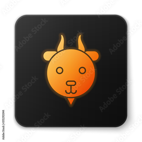 Orange glowing neon Aries zodiac sign icon isolated on white background. Astrological horoscope collection. Black square button. Vector Illustration