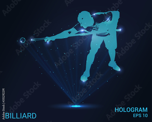 Hologram Billiards. Holographic projection of a billiard player. Flickering energy flux of particles. The scientific design of the sport.