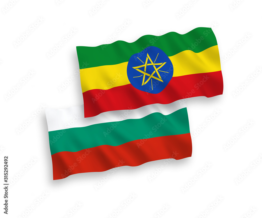 National vector fabric wave flags of Bulgaria and Ethiopia isolated on white background. 1 to 2 proportion. National vector fabric wave flags of Bulgaria and Ethiopia isolated on white background. 1 to 2 proportion.