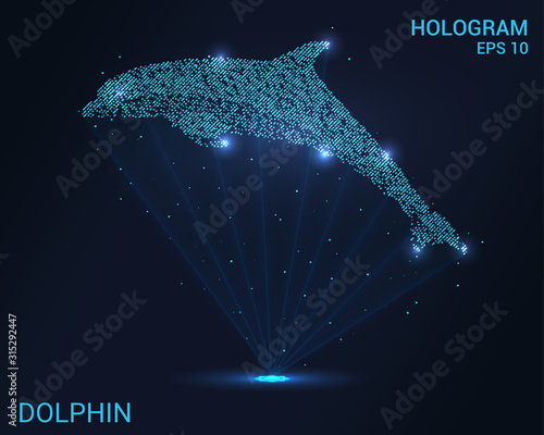 Hologram Dolphin. Holographic projection of a Dolphin. Flickering energy flux of particles. Scientific design animals.