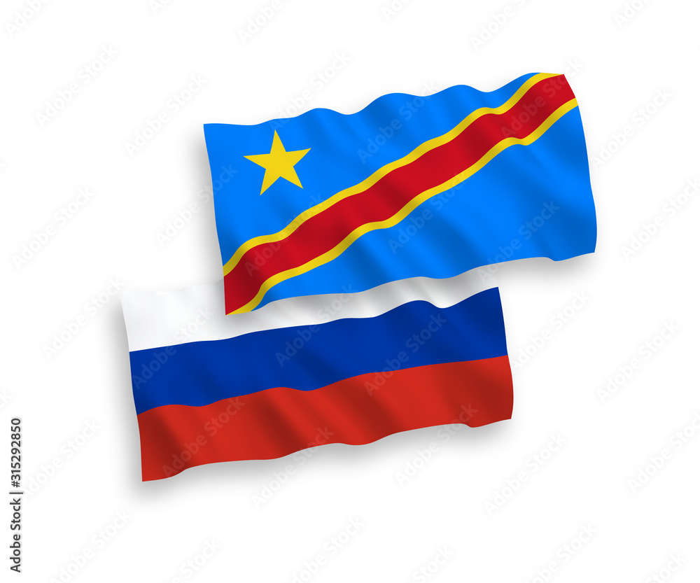 National vector fabric wave flags of Democratic Republic of the Congo and Russia isolated on white background. 1 to 2 proportion. National vector fabric wave flags of Democratic Republic of the Congo and Russia isolated on white background. 1 to 2 proportion.