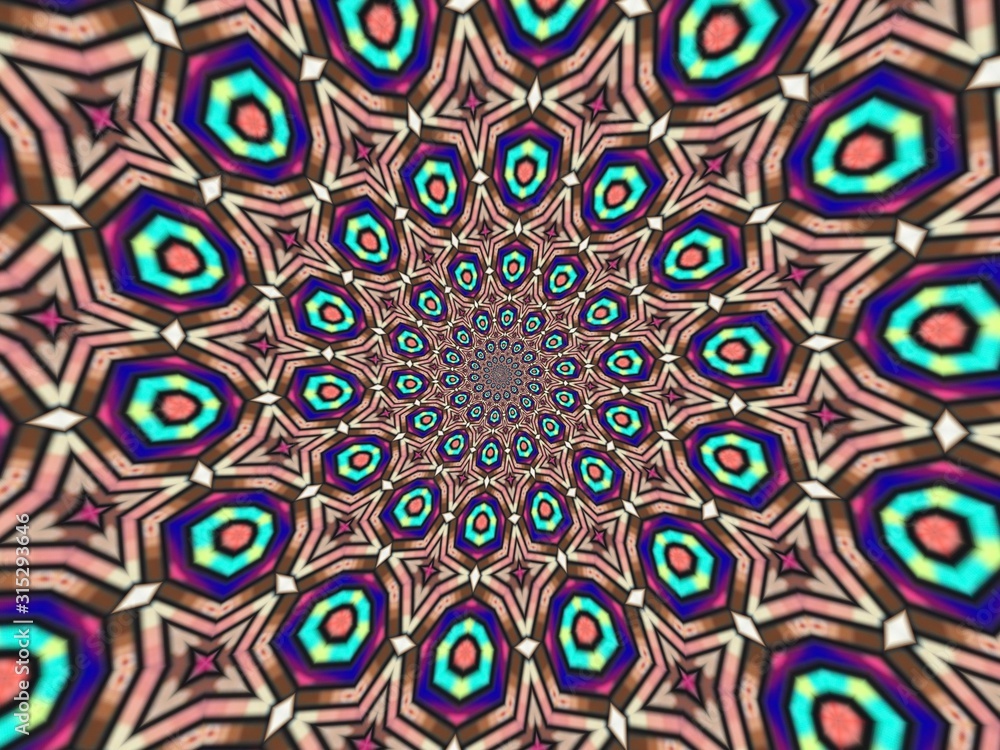 Fototapeta premium Colorful digital graphic kaleidoscope symmetry mandala style in laser light sunray trial pattern, Tie Dye , spiderweb art abstract background for art projects, banner, business, card, 3D, template