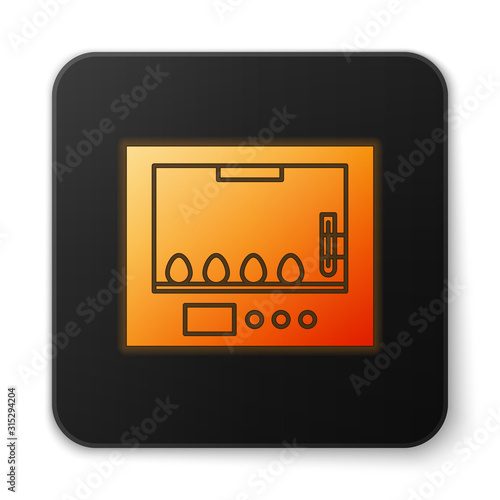 Orange glowing neon Incubator for eggs icon isolated on white background. Black square button. Vector Illustration