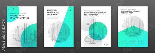 Pharmaceutical brochure cover design layout set with flasks vector illustration. Good for medical annual report, laboratory catalog design, medicine cover page