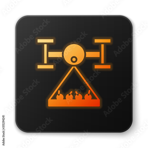 Orange glowing neon Smart farm with drone control collects harvest icon isolated on white background. Innovation technology for agricultural company. Black square button. Vector Illustration