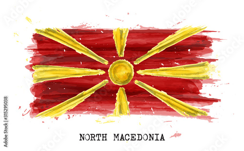 Realistic watercolor painting flag of North macedonia . Vector .