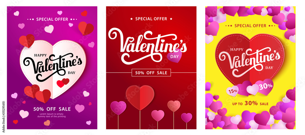 Set Design Poster with lettering Happy Valentine s Day. Up to 30 sale. Paper heart on a bright background with small pink hearts. Vector illustration. Set Design Poster with lettering Happy Valentine s Day. Up to 30 sale. Paper heart on a bright background with small pink hearts. Vector illustration.