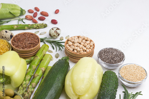 Alkaline foods set. Healthy food for diet and lifestyle: green vegetables, nuts and seeds. photo