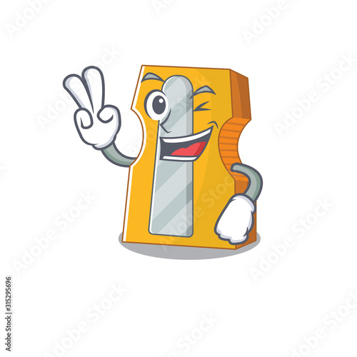 Smiley mascot of pencil sharpener cartoon Character with two fingers