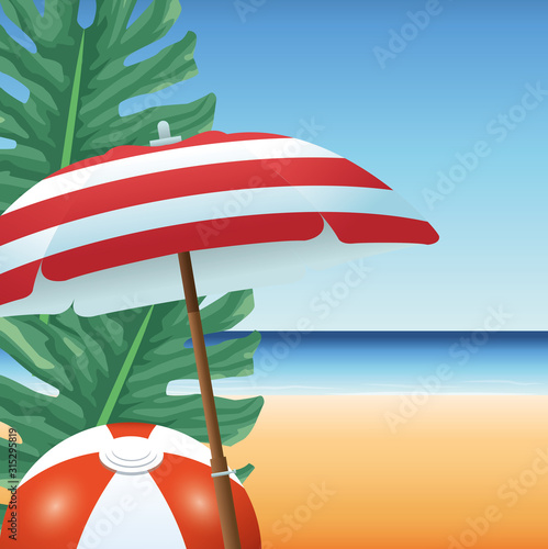 summer time in beach vacations ball umbrella palm leaf