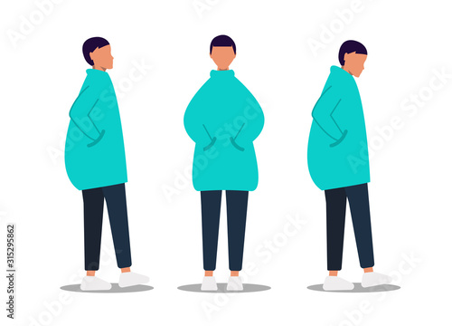 Gender neutrality people, unisex, gender neutral clothing, hairstyle. A young girl, a young guy, pants and sneakers, isolated on a white background. Universal clothing and hairstyle unisex. Vector photo