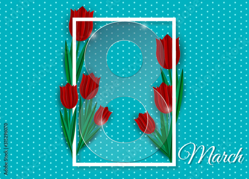 Women's day, postcard for March 8, red tulips on a blue background, glass figure 8. Vector illustration photo