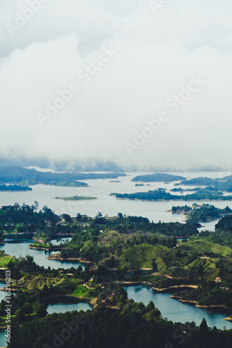 View from the famous rock-stone Piedra de Guatapé Colombia. Lots of little green islands.