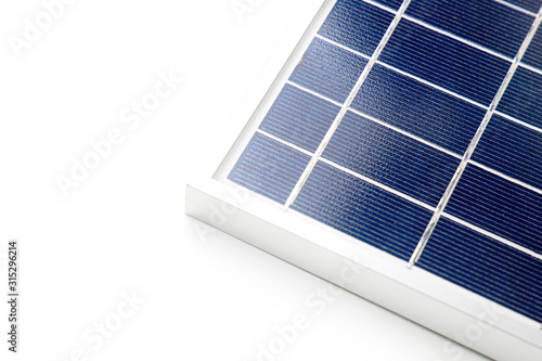 Top view Close up Small portable Solar Cell Panel Power Module pad for Mini Charging System or LED Spotlight. Have Copy space On white background.