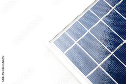 Top view Close up Small portable Solar Cell Panel Power Module pad for Mini Charging System or LED Spotlight. Have Copy space On white background.