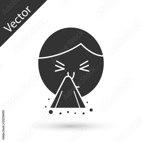 Grey Man holding handkerchief or napkin to his runny nose icon isolated on white background. Coryza desease symptoms. Vector Illustration