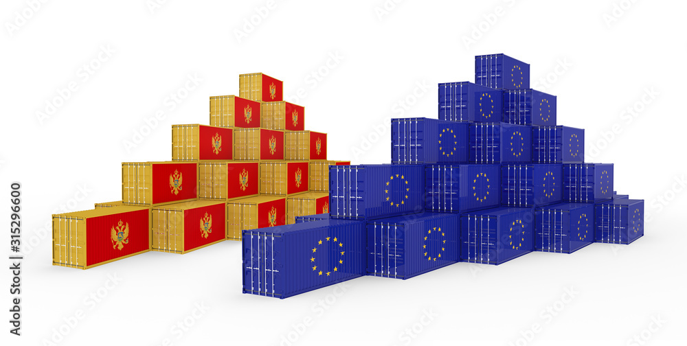 3D Illustration of Cargo Container with Montenegro Flag on white background with shadows. Delivery, transportation, shipping freight transportation.