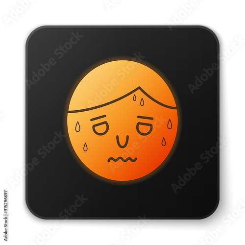 Orange glowing neon Man with excessive sweating icon isolated on white background. Black square button. Vector Illustration