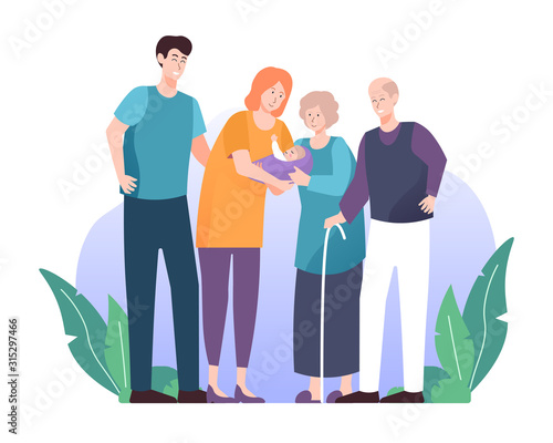 Happy family illustration. Newborn baby with father, mother, grandfather and grandmother